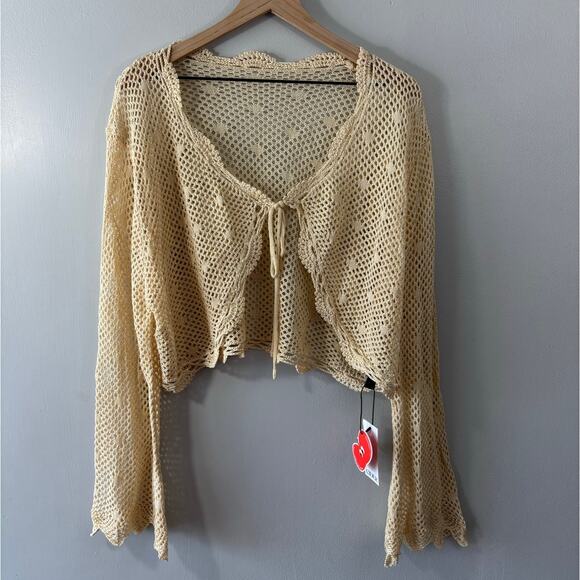 Cider Tie-Front Cream Crochet Crop Cardigan Size XL NWT - Picture 2 of 6